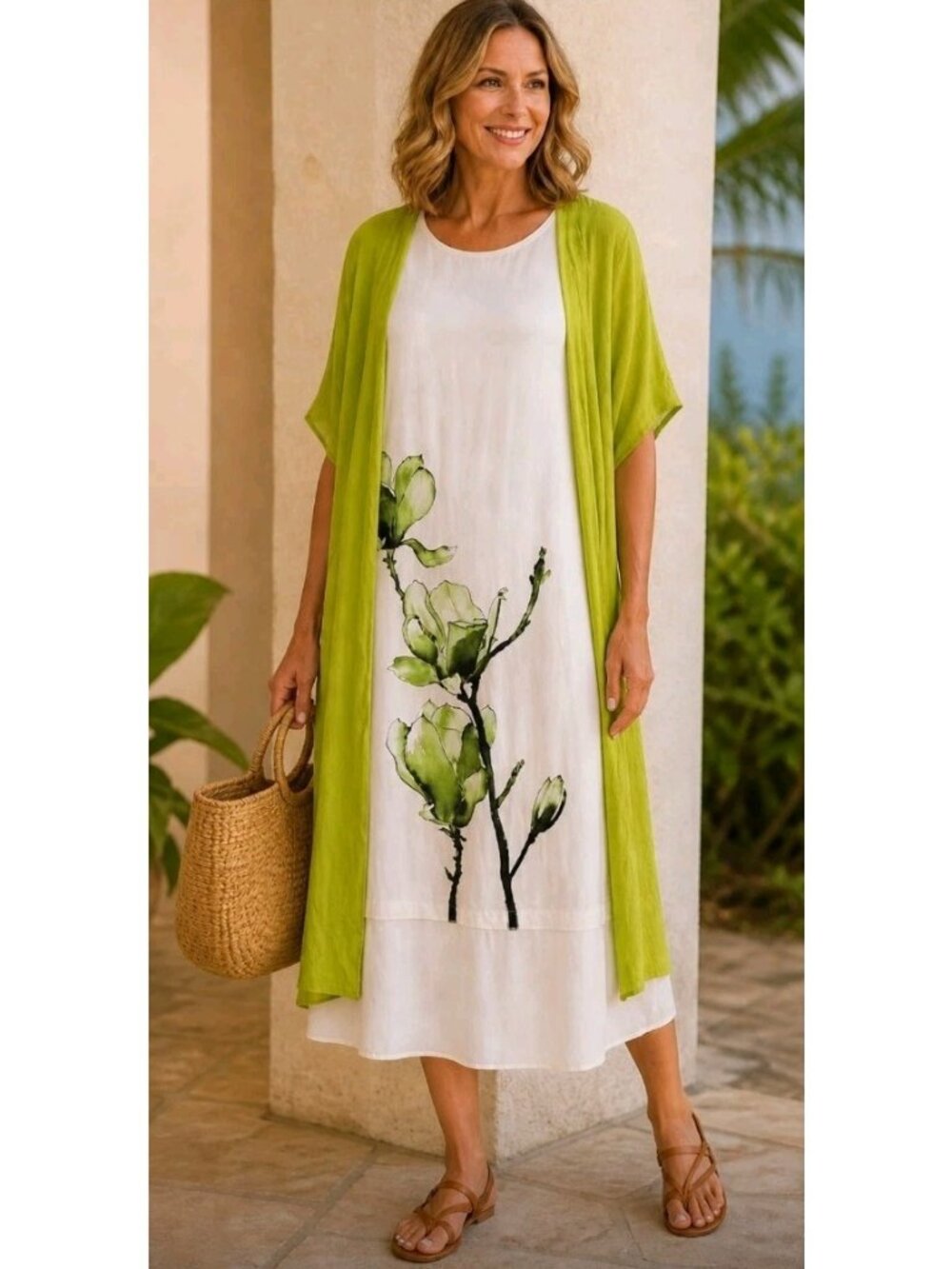 Womens 2 Pc Linen Blend Midi Dress & Jacket Casual Resort Beach Party Sz Large
